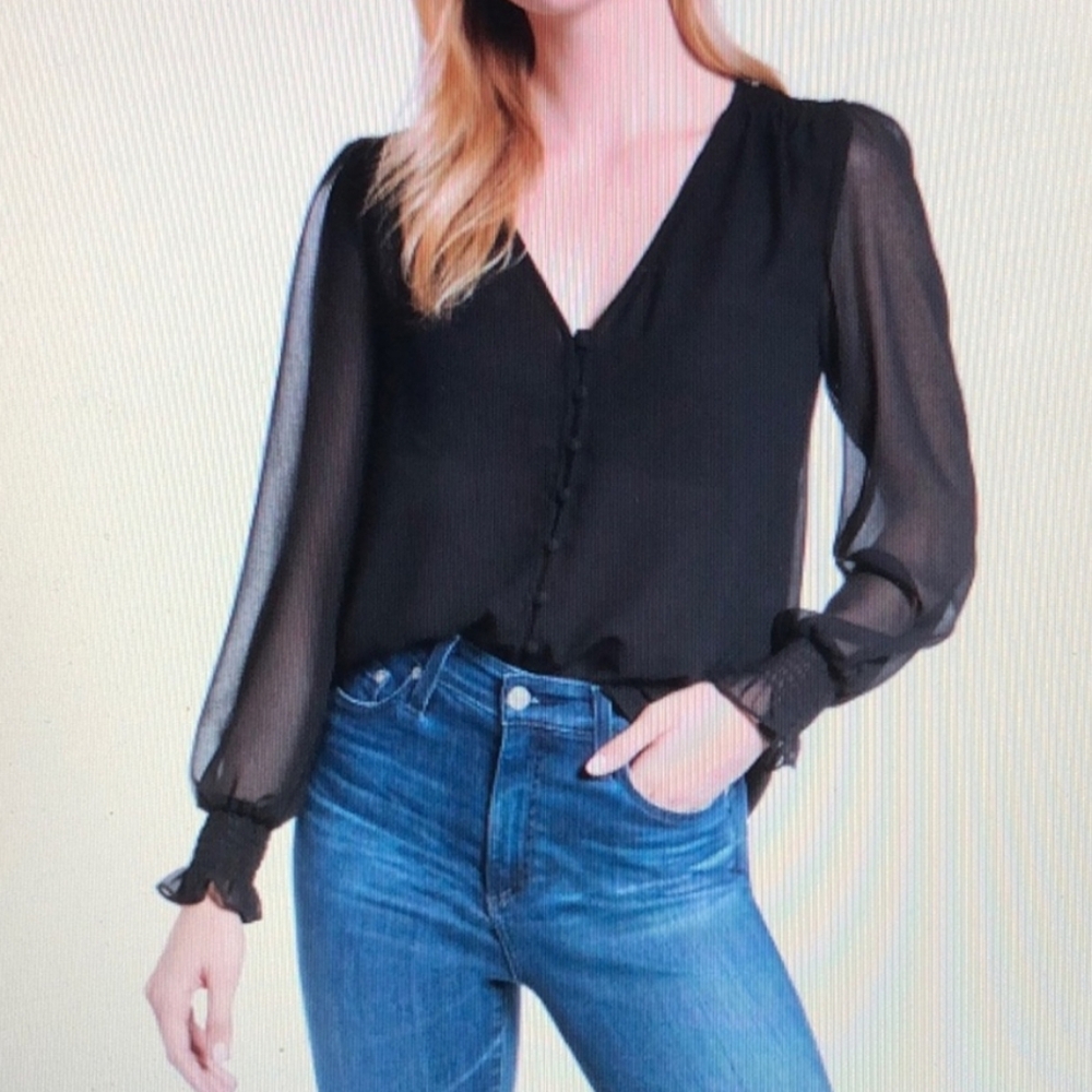 New 1. State Smocked Detail Button-Up Blouse Top Witchy Old Money Goth Grunge S